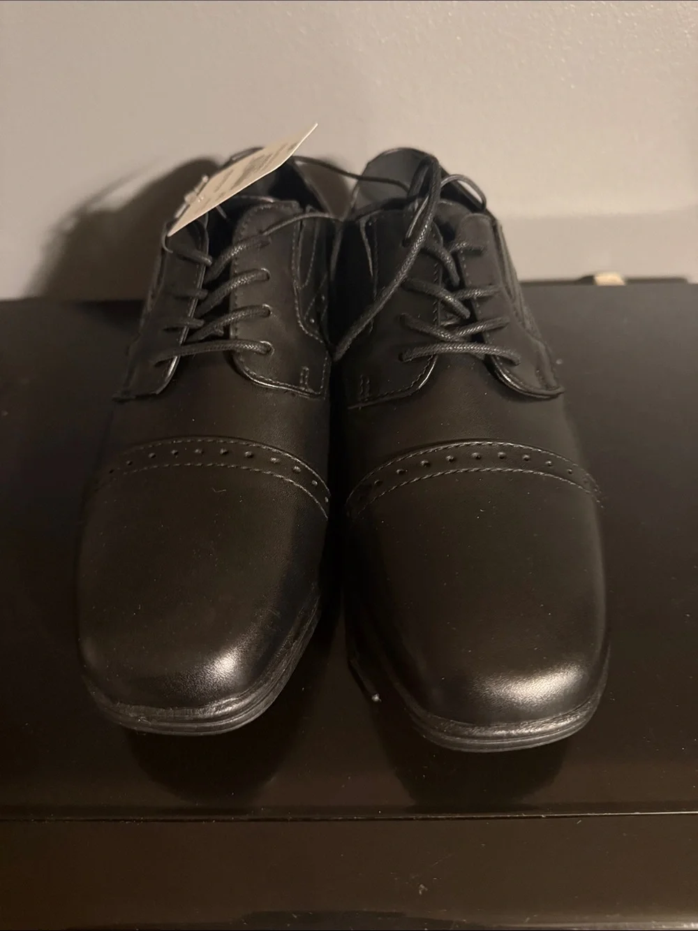 Stafford Black Boys Lace-Up Cap-Toe Dress Shoes